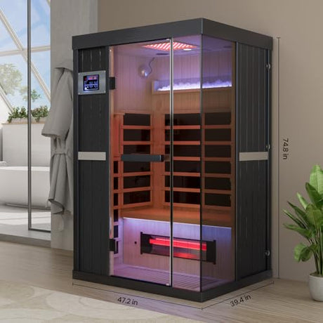 OnxyEdge 2-Person Full Spectrum Infrared Sauna, Himalayan Salt Rocks Plus 12 * 12" Red Light Therapy & 2 Built-in Speakers, 2000W - 120V Indoor Hemlock Dry Sauna with Dual LED Controls for Home & Gym EXTRAFEIN