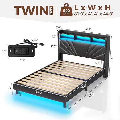 Rolanstar Twin Size Bed Frame, Storage Headboard with Charging Station and LED Lights, Upholstered Bed with Heavy Duty Wood Slats, No Box Spring Needed, Noise Free, Easy Assembly, Black Rolanstar