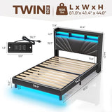 Rolanstar Twin Size Bed Frame, Storage Headboard with Charging Station and LED Lights, Upholstered Bed with Heavy Duty Wood Slats, No Box Spring Needed, Noise Free, Easy Assembly, Black Rolanstar