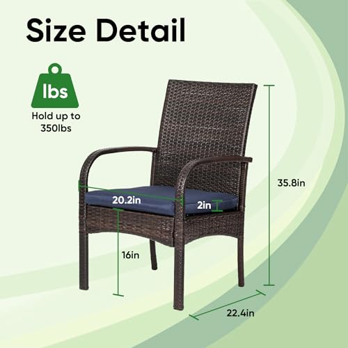 SAILARY Outdoor Wicker Patio Dining Chairs with Padded Cushions Set of 2: Porch Rattan Chairs Club Chairs with High Back and Deep Seating 350lbs, Brown SAILARY