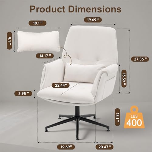 High Back Home Office Chair Without Wheels, Upholstered Fabric Desk Chair with Armrests, Ergonomic Swivel Computer Task Chair (White) Eronfrione