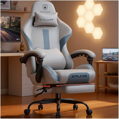 GTPLAYER Gaming Chair with Foot Rest & Pocket Spring Cushion, Ergonomic High Back Computer Desk Chair with Headrest & Lumbar Support for Back Pain Relief, Breathable Fabric, Moon Gray