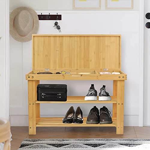 BAMBUROBA Shoe Rack Storage Bench Bamboo Organizer Entryway Organizing Shelf with Storage Drawer on Top (Natural) BAMBUROBA