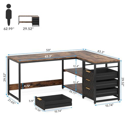 Tribesigns L Shaped Computer Desk with Storage Drawers, 59 inch Corner Desk with Shelves, Reversible L-Shaped Office Desk Study Writing Table Workstation for Home Office, Brown - WoodArtSupply