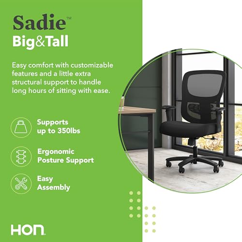 HON Sadie Big and Tall Office Chair, Ergonomic Desk Chair with Mesh Back, Lumbar Support, 350 lb Max, Black HON