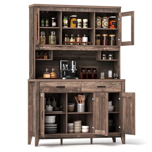 SILKYDRY 78.5" Tall Kitchen Hutch Storage Cabinet, Large Buffet Cupboard with Glass Doors, Drawers, Adjustable Shelves, Wooden Kitchen Pantry Cabinet with Microwave Shelf for Home Coffee Bar SILKYDRY