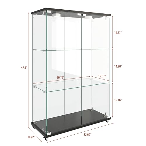 WHLIHUSU Glass Display Cabinet with LED Lights - Curio Cabinet with Glass Doors for Collectibles, Quick Assembly, Tempered Bookshelf, for Living Room and Bedrooms, 2-Door 3-Shelfs, White WHLIHUSU