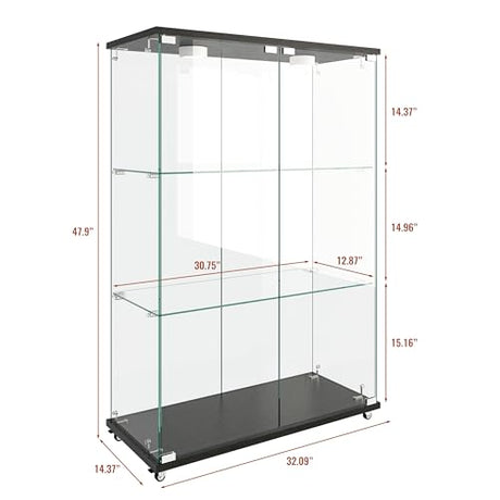 WHLIHUSU Glass Display Cabinet with LED Lights - Curio Cabinet with Glass Doors for Collectibles, Quick Assembly, Tempered Bookshelf, for Living Room and Bedrooms, 2-Door 3-Shelfs, White WHLIHUSU