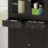 BouPower 71" Black Metal Storage Cabinet with Glass Doors, Garage Storage with 2 Drawers + 2 Adjustable Shelves, Heavy Duty Tool Cabinet with Locking Doors for School, Workshop, Office, Black BouPower