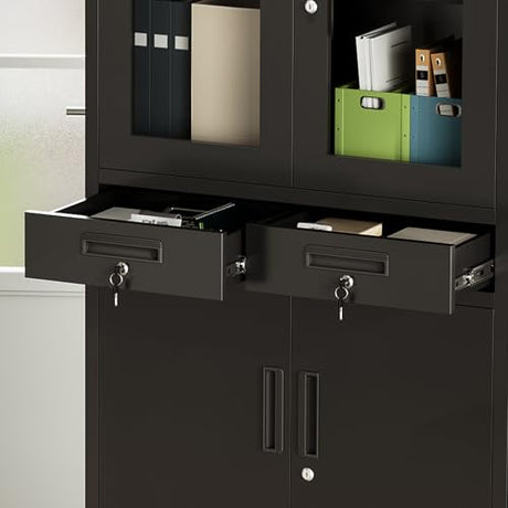 BouPower 71" Black Metal Storage Cabinet with Glass Doors, Garage Storage with 2 Drawers + 2 Adjustable Shelves, Heavy Duty Tool Cabinet with Locking Doors for School, Workshop, Office, Black BouPower