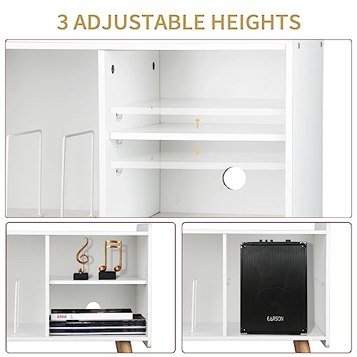 Possile Mid-Century Record Player Stand, Vinyl Record Cabinet Holder with Storage Up to 100 Albums, Record Player Table for Living Room Bedroom Office, Turntable Stand with Wood Legs, White Possile