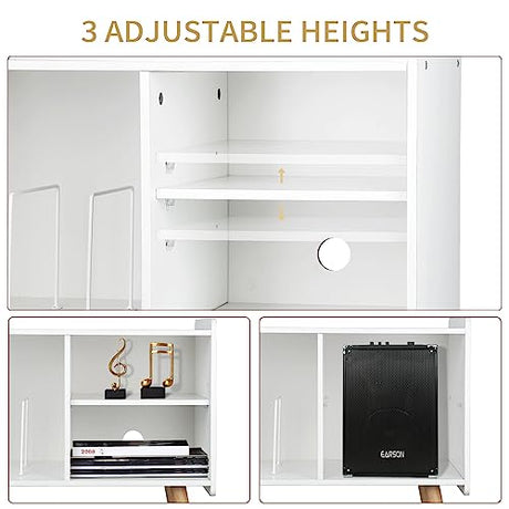 Possile Mid-Century Record Player Stand, Vinyl Record Cabinet Holder with Storage Up to 100 Albums, Record Player Table for Living Room Bedroom Office, Turntable Stand with Wood Legs, White Possile