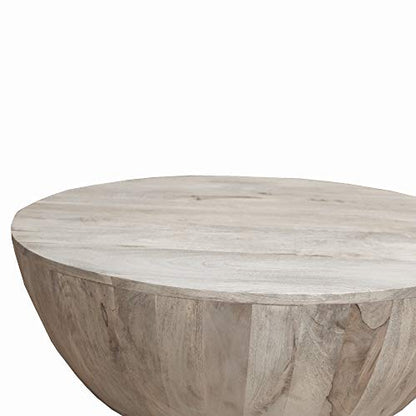 The Urban Port 12-Inch Height Round Mango Wood Coffee Table, Subtle Grains, Distressed White - WoodArtSupply