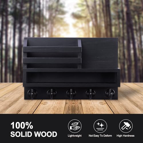 Lucundm Key and Mail Holder Wall Mount, Key Hanger with Long Storage Box and 5 Hooks for Coat, Dog Leash, Home Decor Rack, House Accessories, Entry Way Organizer 11.8”W x 7.8”H x 3.2”D Lucundm