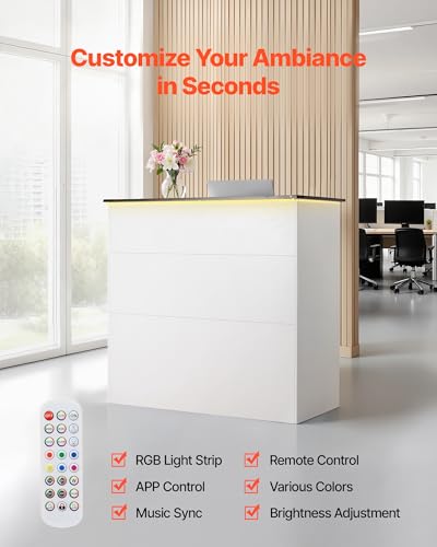 VEVOR Reception Desk, 50 inch Rectangular Front Counter Table, Modern Office Reception Desk with Light Strip, 3 Drawers & Storage Cabinets, Retail Counter Table for Checkout, Lobby, Salon, Office VEVOR