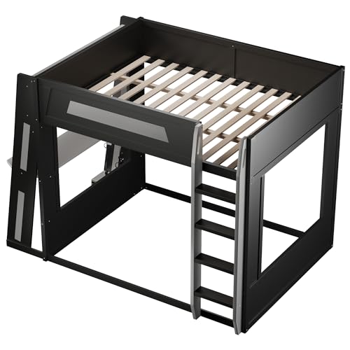 CKLMMC Queen Size Wooden Gaming Bunk Bed with Desk, Two Storage Shelves, USB and LED Light, Sturdy Loft Bed for Gamers & Small Spaces (Black+Grey1) CKLMMC