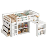 Low Loft Bed with Storage & Rolling Out Desk, Kids Twin Size Loft Beds with Bookcase & Drawers, Rubber Wood Junior Lofts Bed with Dresser/Shelves/Ladder/Guardrails for Boys Girls Teens, White Duxelifin