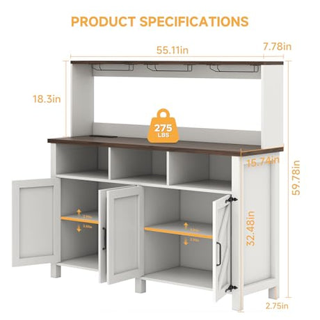 Buffet Sideboard with Storage Hutch with Power Outlets 4 Doors, Large Farmhouse Kitchen Storage Cabinet Wood Coffee Bar Cabinet with Goblet Holder and Cup Hooks for Kitchen, Dining Room, Entryway knoworld
