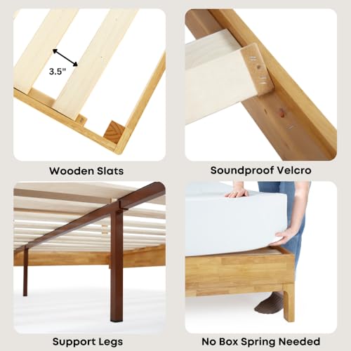 Bme Nipe 14 Inch Bohemian Queen Bed Frame with Adjustable Woven Headboard in Natural Acacia Wood Bme