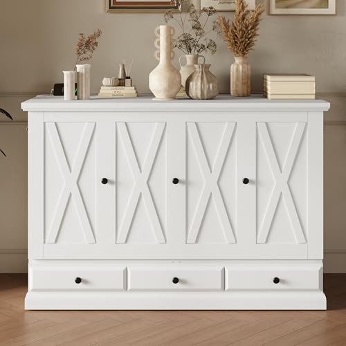 Hlcodca Murphy Cube Cabinet Bed with USB Charging Station, Solid Pine Murphy Bed Cabinet with Large Drawer, Queen Size Bed Frame for Guest Room, Home, Office (White-k) Hlcodca