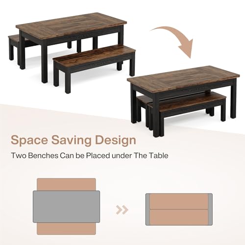 Tribesigns 55-Inch Kitchen Table Set for 4-6 People, Farmhouse Space Saving Dining Table with 2 Benches, 3 Pieces Wooden Dinette Set for Small Space, Breakfast Nook, Restaurant (Black and Brown) Tribesigns