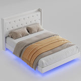 coucheta Full Floating Bed Frame with LED Lights, Upholstered Platform Bed with Crystal Tufted Headboard, Storage Shelves, Heavy Duty Metal Slats, No Spring Needed, Noise Free, Easy Assembly, White coucheta