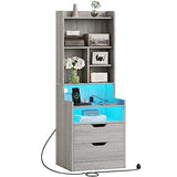 Stylish ADORNEVE Tall Night Stand with LED Lights, Charging Station, and Storage Drawers in Grey ADORNEVE