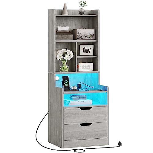 ADORNEVE Tall Night Stand with Charging Station and LED Lights,Nightstand with Bookshelf,Bedside Table with Drawers & Power Outlets,End Side Table for Bedrooms (Grey)