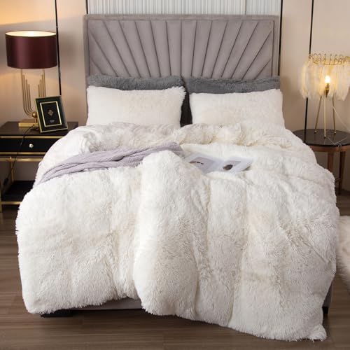 EMME Plush Shaggy White Duvet Cover Set Queen Size 3 Pieces Luxury Fuzzy Comforter Cover Set, Soft Faux Fur Fluffy Winter Bedding Set (White, Queen) EMME