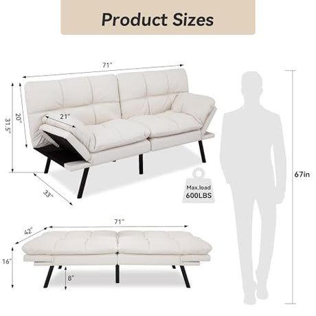 AMICLIBER Convertible Faux Leather Sofa Couch,Memory Foam Futon Couch Bed,Small Splitback Modern Loveseat Sleeper Sofa Bed for Living Room, Office, Apartment, Pear White AMICLIBER