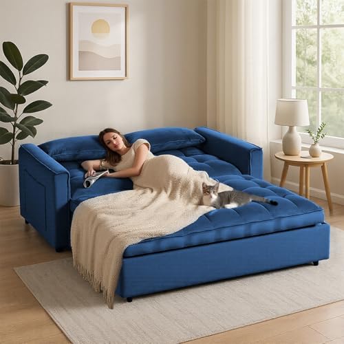 Osparple Pull-Out Convertible Loveseat Sleeper – 3 in 1 Blue Velvet Futon Sofa Bed, Love Seat Couches for Living Room Apartment, 2-Seater Sofa Bed for Small Spaces with Side Pockets & Modern Style Osparple