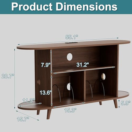 YKVIQBY Large Record Player Stand with LED Lights, Vinyl Record Storage with Charging Station & USB Ports, Record Player Cabinet for Living Room(Natural, 55in) (Walnut, 55in) YKVIQBY