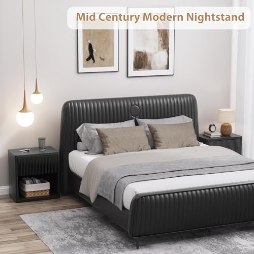 Yechen 22.8" W Black Nightstand Set of 2 with Hidden Drawers and Open Shelves, Mid Century Modern Nightstand Curved Profile, Large Wood Fluted Night Stand, Accent Bedside End Table Yechen