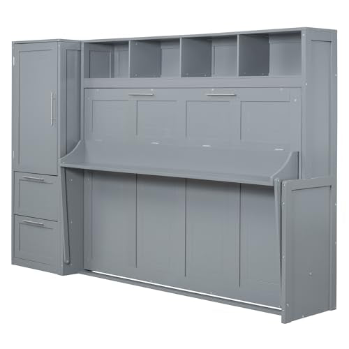 LZ LEISURE ZONE Full Size Murphy Bed with Closet and Drawers, Space-Saving Wall Bed with Storage, Ideal for Small Rooms, Apartments, or Home Offices, Gray LZ LEISURE ZONE