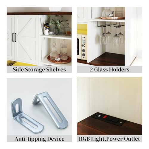 71" Kitchen Pantry Cabinet with Charging Station & LED Light,Freestanding Buffet Storage Cabinets with Adjustable Shelves,Farmhouse Kitchen Hutch with Microwave Stand for Dining Room (White+Brown) Anwick