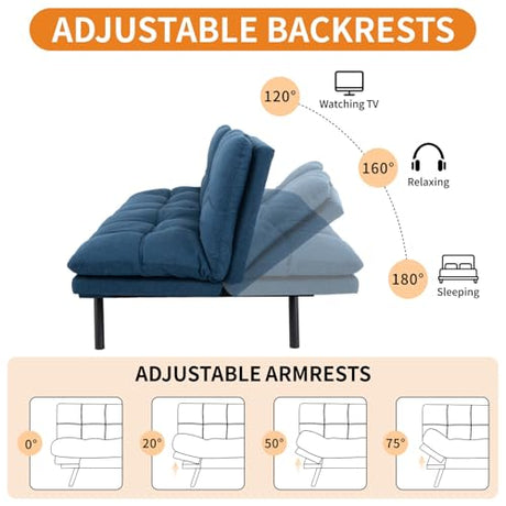 MUUEGM 71-Inch Convertible Futon Sofa Bed with Adjustable Backrest & Removable Armrests, Foldable Sleeper Loveseat for Small Space Living Room, Studio Apartment, Home Office，Blue MUUEGM