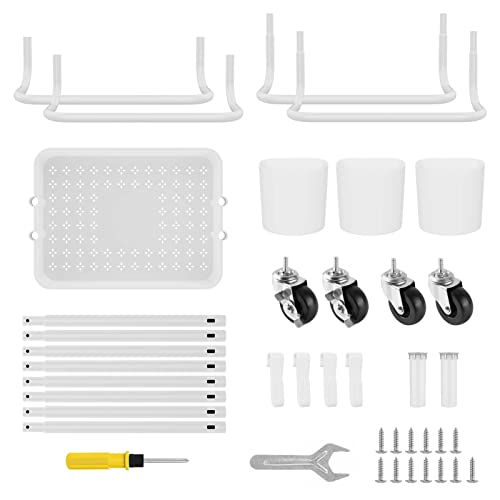 LEHOM 3-Tier Rolling Utility Cart with Hanging Cups & Hooks & Handle, Plastic Art Cart Organizer Storage with Wheels, Easy Assembly for Office, Bedroom, Kitchen, Bathroom, Laundry (White) LEHOM