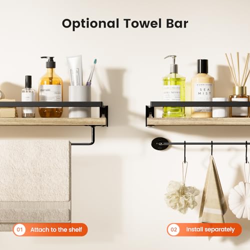 AMADA HOMEFURNISHING Bathroom Shelves with Towel Bar, Floating Shelves, Wall Shelves for Bathroom/Living Room/Kitchen/Bedroom, Light Brown Shelves Set of 2 - AMFS01 AMADA HOMEFURNISHING