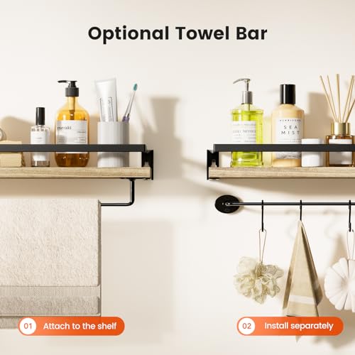 AMADA HOMEFURNISHING Bathroom Shelves with Towel Bar, Floating Shelves, Wall Shelves for Bathroom/Living Room/Kitchen/Bedroom, Light Brown Shelves Set of 2 - AMFS01 - WoodArtSupply