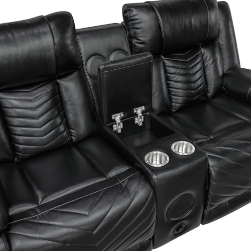 Lexicon Wall Hugger Power Double Reclining Loveseat with Console, Faux Leather Home Theater Seating with LED Lighting, Charging Ports, Bluetooth Speaker Wireless, Cup Holders, Hidden Storage, Black Lexicon