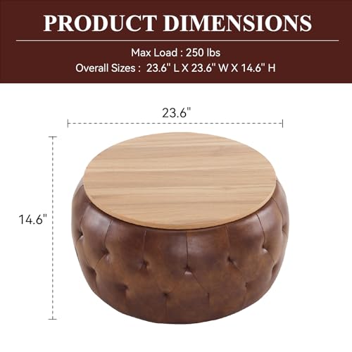 gusohey Round Storage Ottoman with Wooden Lid, Tufted PU Leather Circle Ottoman Footrest Stool Bench Coffee Table for Living Room,Brown gusohey