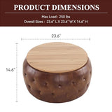 gusohey Round Storage Ottoman with Wooden Lid, Tufted PU Leather Circle Ottoman Footrest Stool Bench Coffee Table for Living Room,Brown gusohey