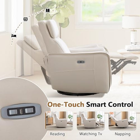 HAOMARKETS Electric Swivel Rocker Recliner Chair, Power Faux Leather Glider Rocking Recliners for Adults,360° Swivel Nursery Reclining Sofa with USB Charging Port, White HAOMARKETS
