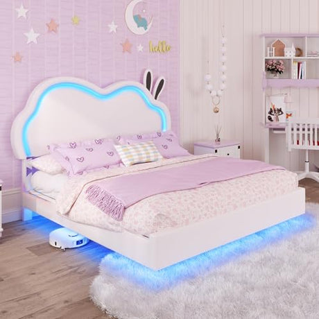 AMERLIFE Floating Full Bed Frame with Adjustable RGB LED Headboard, Leather Upholstered Platform Bed for Kids/Girls,Wood Slats Support, No Box Spring Needed, Easy Assembly, White AMERLIFE