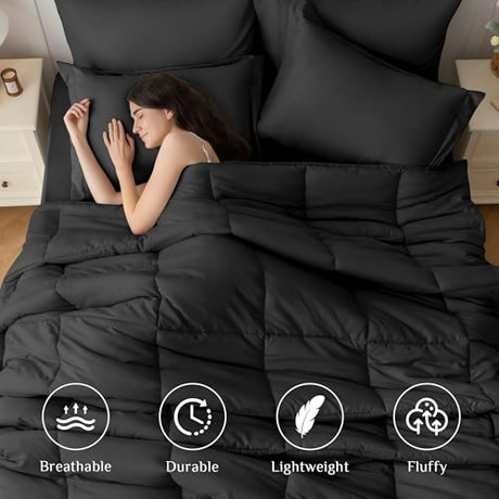 JOLLYVOGUE Twin Comforter Set, Ultra-Soft Bed in a Bag Twin Size 5 Pieces, Oeko-TEX Certified Bedding Set with Down Alternative Comforter, Sheets, Pillowcases & Shams, Black JOLLYVOGUE