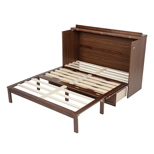 Bellemave Queen Murphy Bed with Storage Drawer and Station, Cabinet Bed, Murphy Cabinet with Foldable Panel, Noisy Free, for Guest Bedroom, Living Room, Walnut Rattan Bellemave
