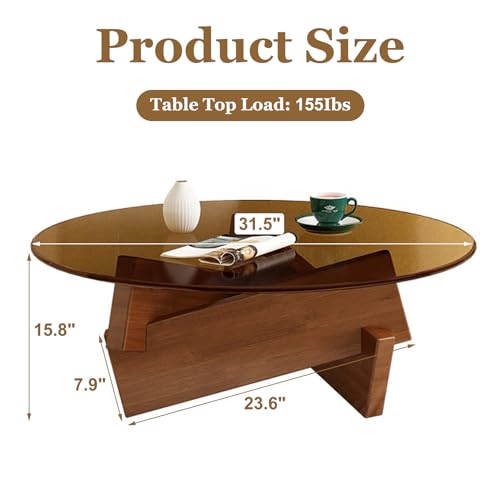 Coffee Table, Round Coffee Table for Living Room Modern Glass Coffee Table with Solid Wood Legs Farmhouse Mid Century Center Table Large Circle Cocktail Table (Walnut + Transparent, 31.5in) dnziqi