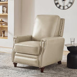 HULALA HOME Genuine Leather Manual Recliner Chair with Adjustable Backrest & Footrest, Mid Century Modern Push Back Recliner with Nailhead Trim & Wood Legs-for Living Room Home Theater， Beige