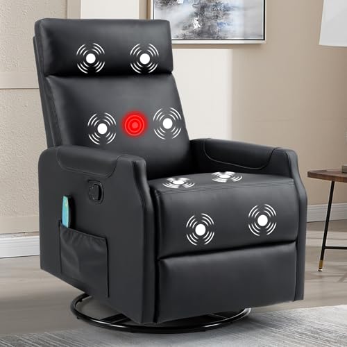 CANMOV Manual Swivel Rocker Recliner Chair, Overstuffed Rocking Chair Glider Recliner for Nursing, Ergonomic Rocker Chair with Vibration Massage & Heat, Reclining Chair for Living Room, (Black)