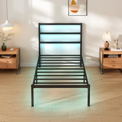 CLIBFENG Twin Bed Frame with Headboard,Heavy Duty Steel Slats Support-LED Bed Frame with USB Charging Station,Mattress Foundation-Under Bed Storage,No Box Spring Needed,Noise Free，Black CLIBFENG
